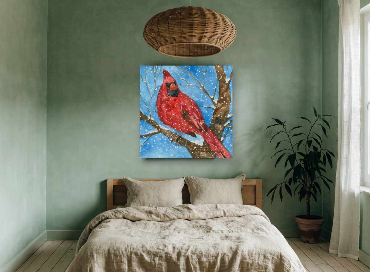 Cardinal in Falling Snow animal canvas print on the wall of a bedroom