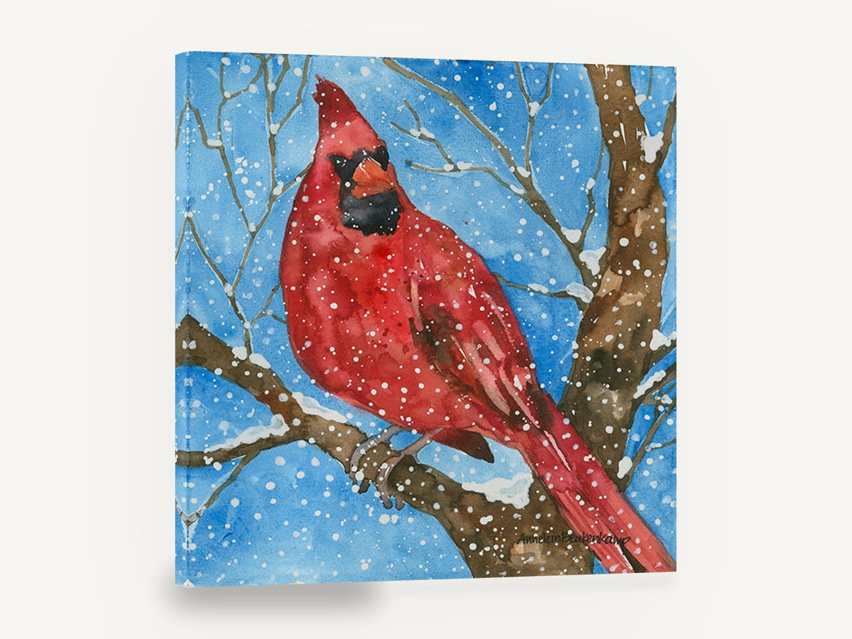 Cardinal in Falling Snow, red cardinal snow watercolour, animal canvas wall art print ready to hang
