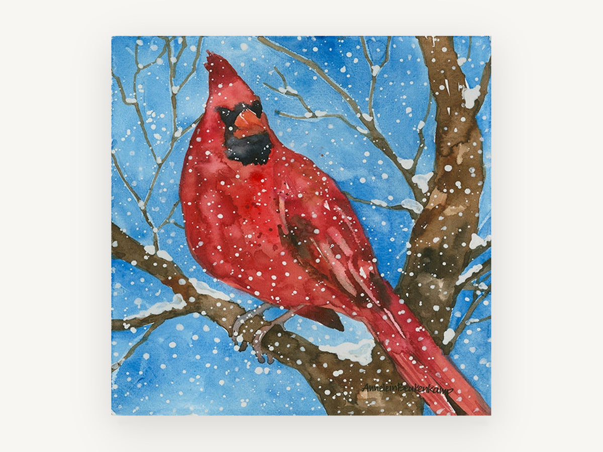 Cardinal in Falling Snow, red cardinal snow watercolour, animal canvas wall art print, front view