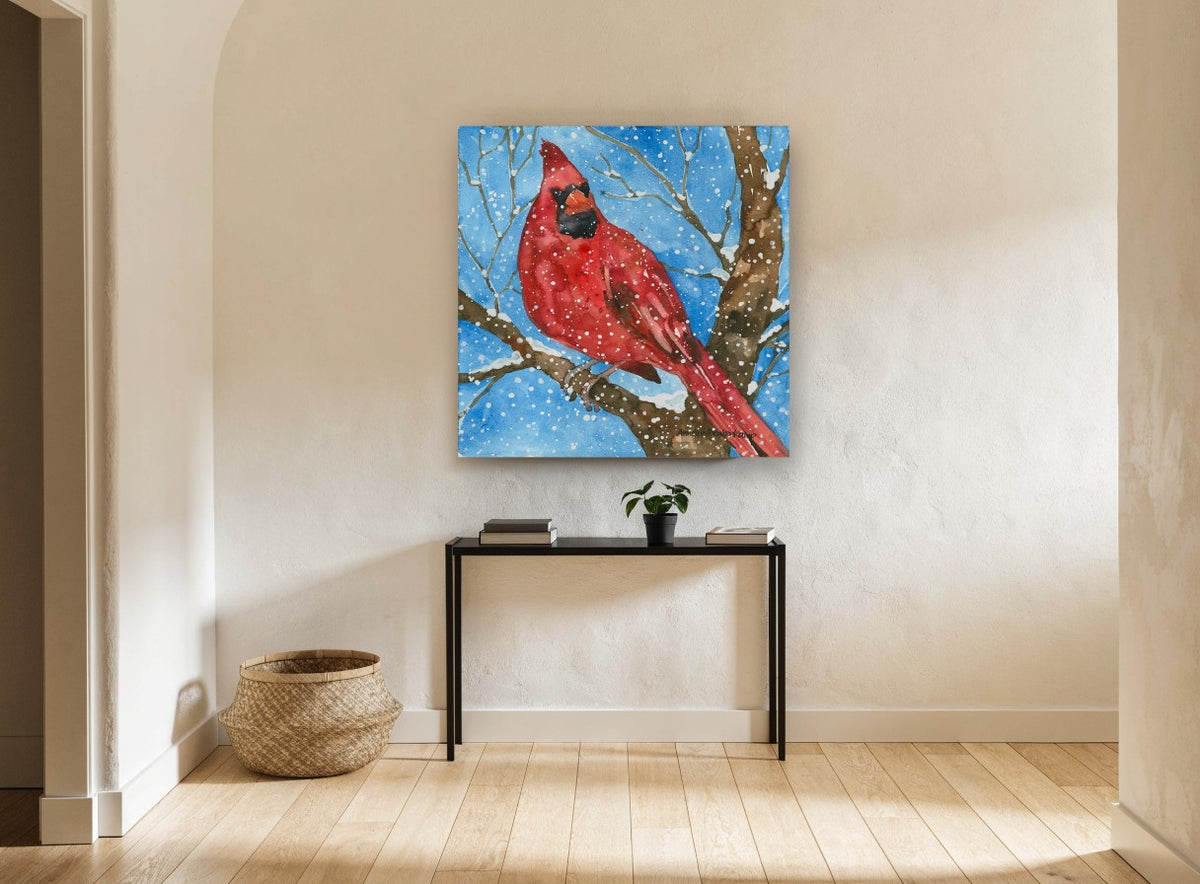 Cardinal in Falling Snow animal canvas print on the wall of a hallway