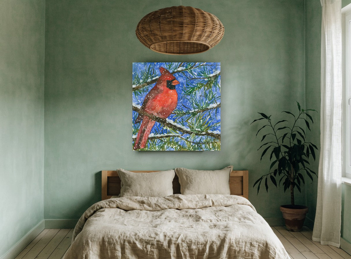 Cardinal in Snowy Pine animal canvas print on the wall of a bedroom