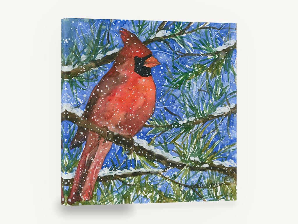 Cardinal in Snowy Pine, red cardinal winter watercolour, animal canvas wall art print ready to hang