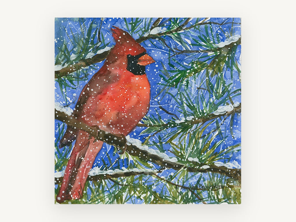 Cardinal in Snowy Pine, red cardinal winter watercolour, animal canvas wall art print, front view