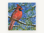 Cardinal in Snowy Pine, red cardinal winter watercolour, animal canvas wall art print, front view