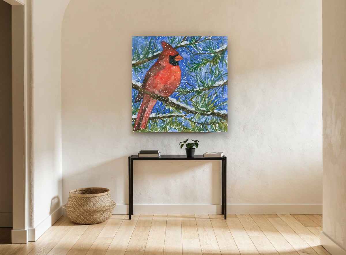 Cardinal in Snowy Pine animal canvas print on the wall of a hallway