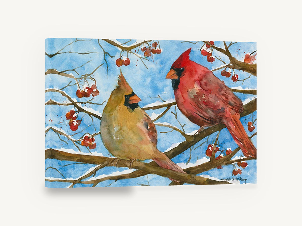 Cardinal Pair in Winter, red cardinals winter berries watercolour, landscape canvas wall art print ready to hang