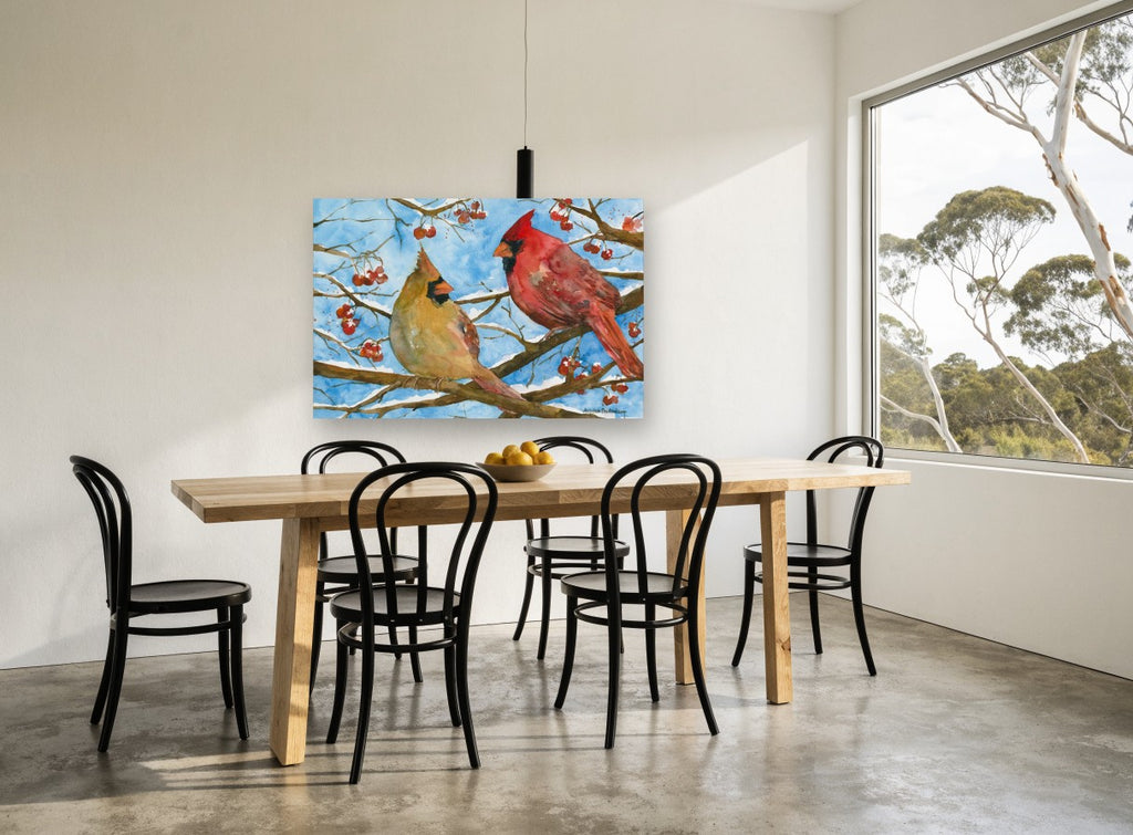 Cardinal Pair in Winter landscape canvas print on the wall of a dining room