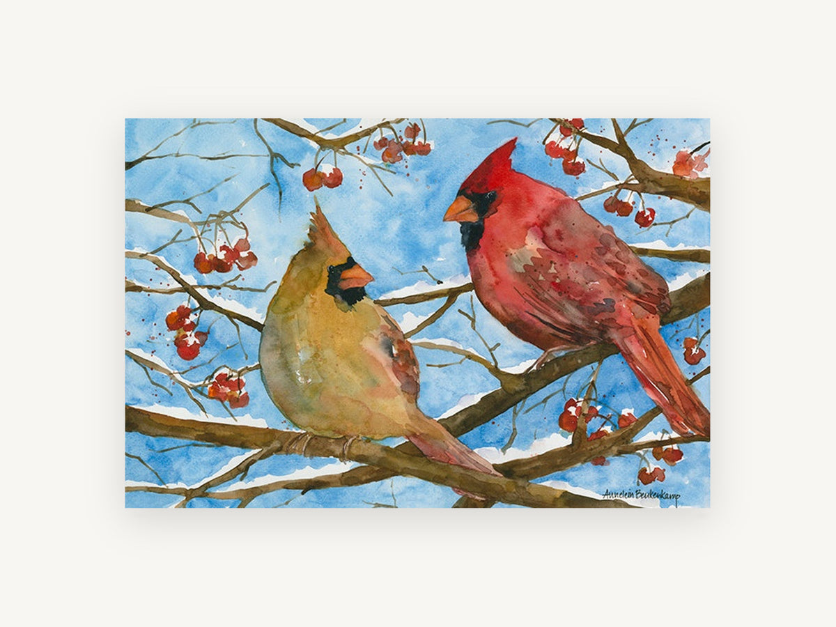 Cardinal Pair in Winter, red cardinals winter berries watercolour, landscape canvas wall art print, front view