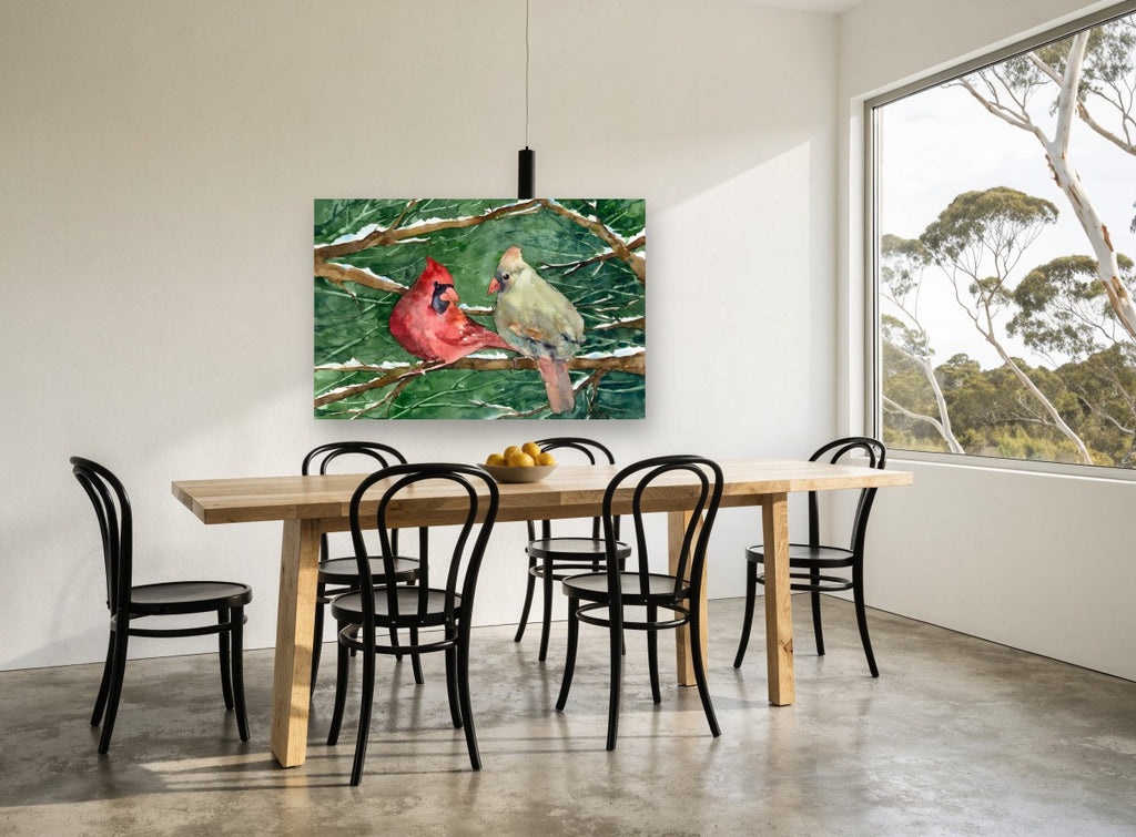 Cardinal Pair in Snow landscape canvas print on the wall of a dining room