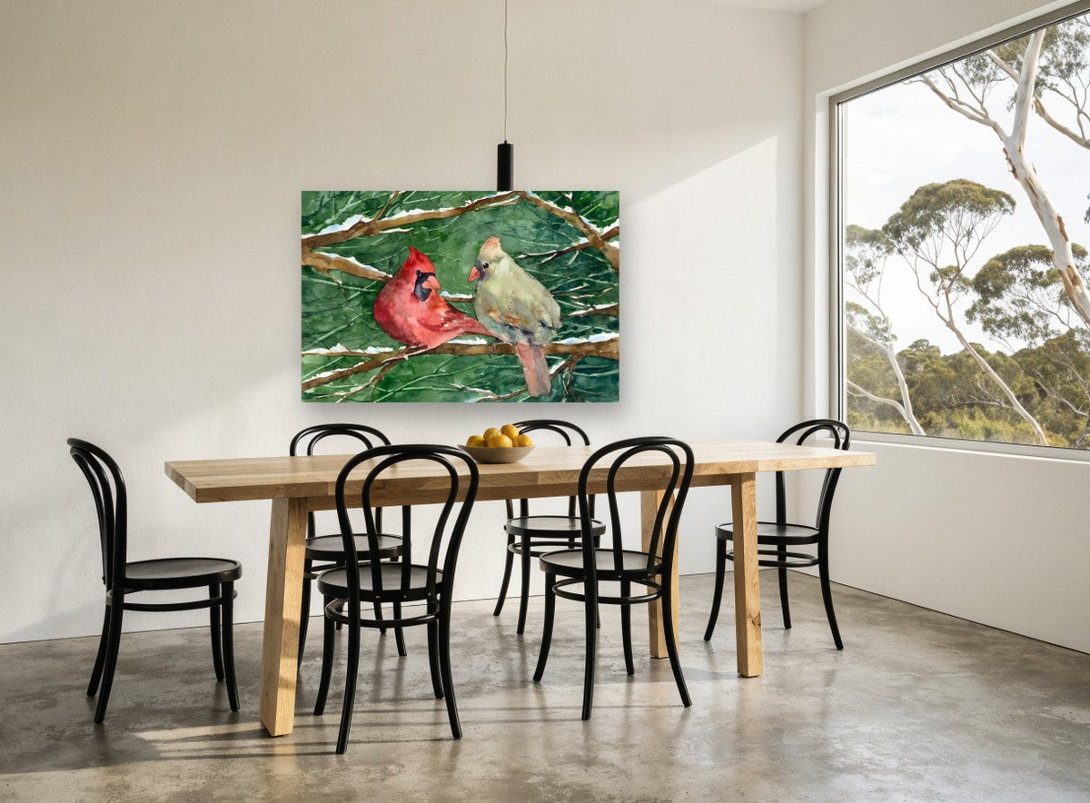 Cardinal Pair in Snow landscape canvas print on the wall of a dining room