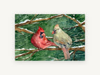Cardinal Pair in Snow, red cardinal pair watercolour, landscape canvas wall art print, front view