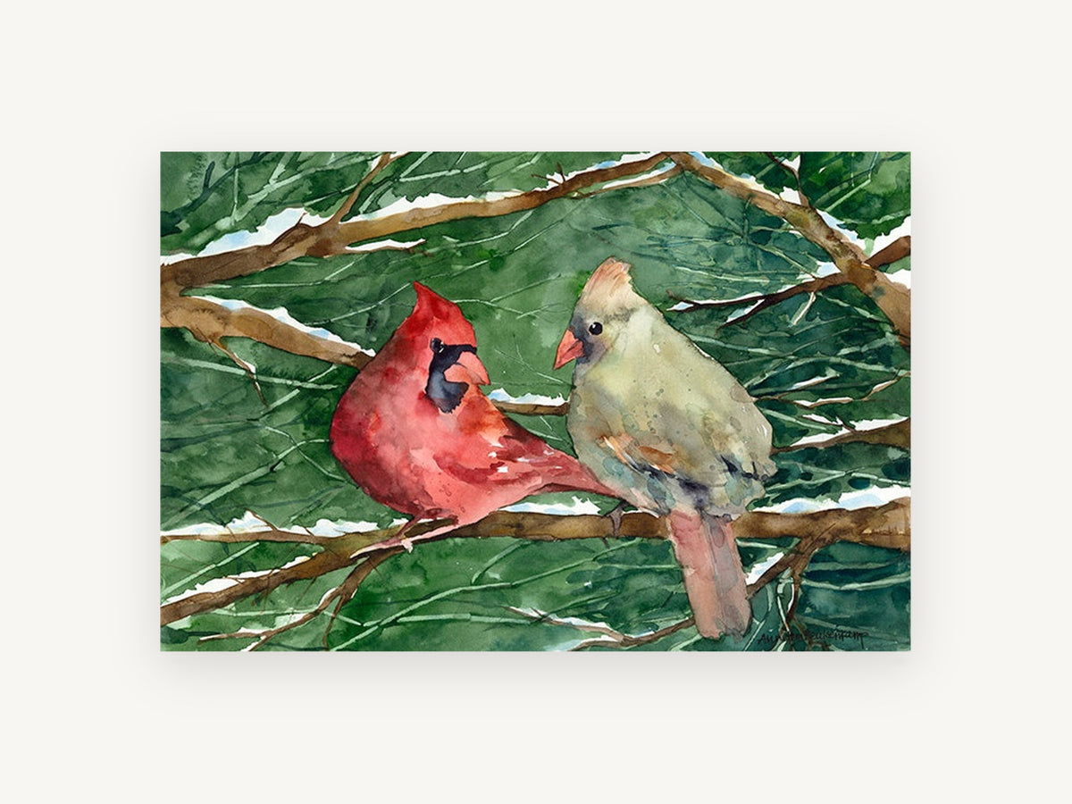 Cardinal Pair in Snow, red cardinal pair watercolour, landscape canvas wall art print, front view