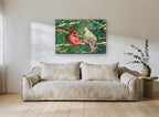 Cardinal Pair in Snow landscape canvas print on the wall of a living room