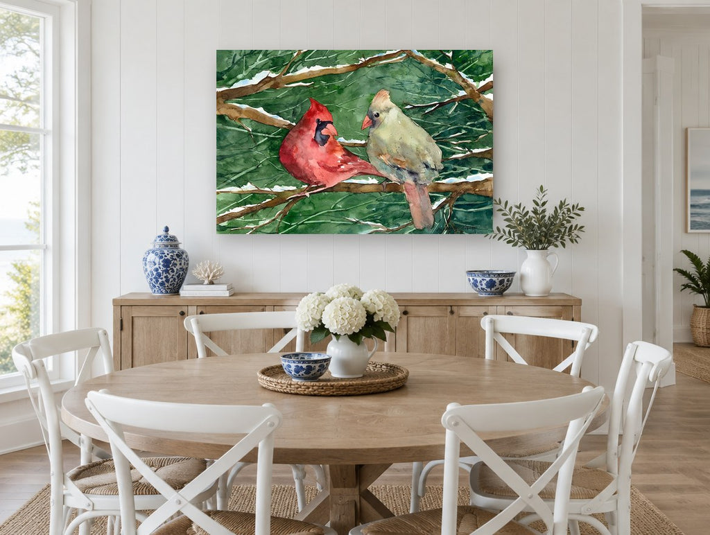 Cardinal Pair in Snow landscape canvas print on the wall of a Hamptons dining room