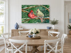 Cardinal Pair in Snow landscape canvas print on the wall of a Hamptons dining room