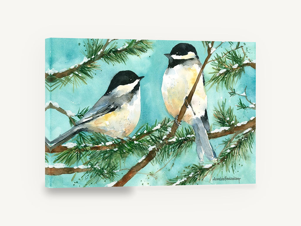 Two Chickadees in Snow, chickadees on snowy pine watercolour, landscape canvas wall art print ready to hang