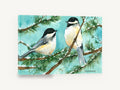 Two Chickadees in Snow, chickadees on snowy pine watercolour, landscape canvas wall art print ready to hang