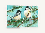 Two Chickadees in Snow, chickadees on snowy pine watercolour, landscape canvas wall art print ready to hang