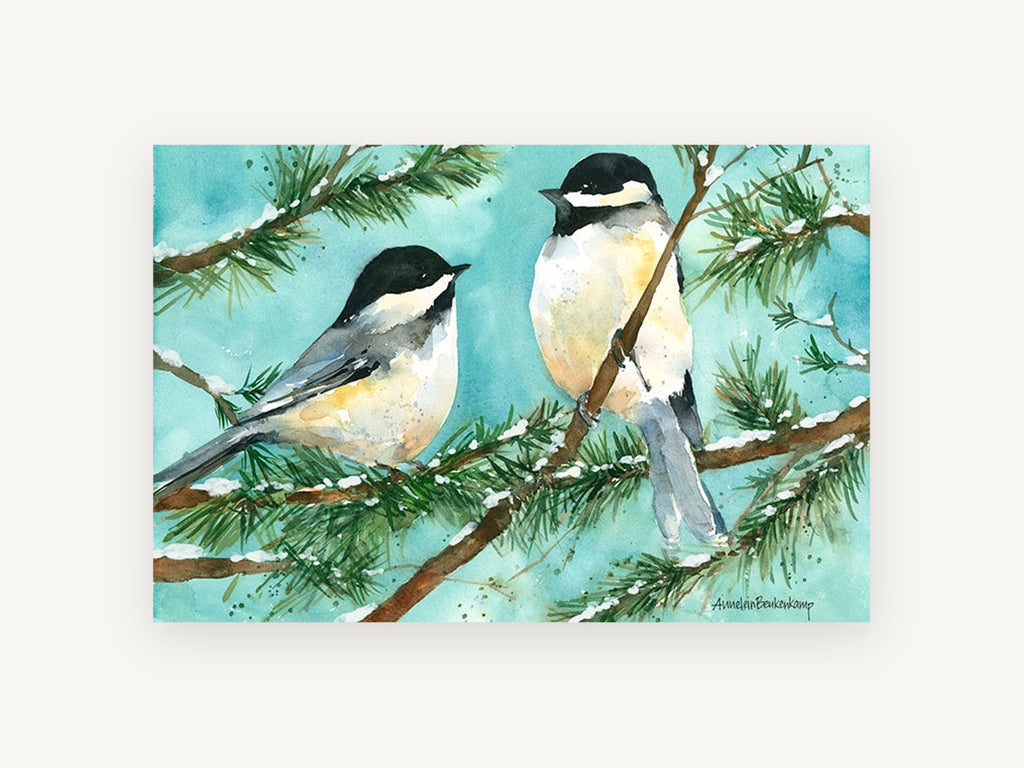 Two Chickadees in Snow, chickadees on snowy pine watercolour, landscape canvas wall art print, front view