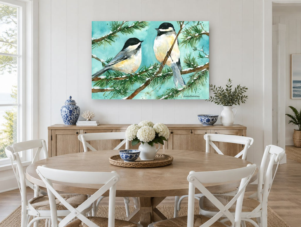 Two Chickadees in Snow landscape canvas print on the wall of a Hamptons dining room