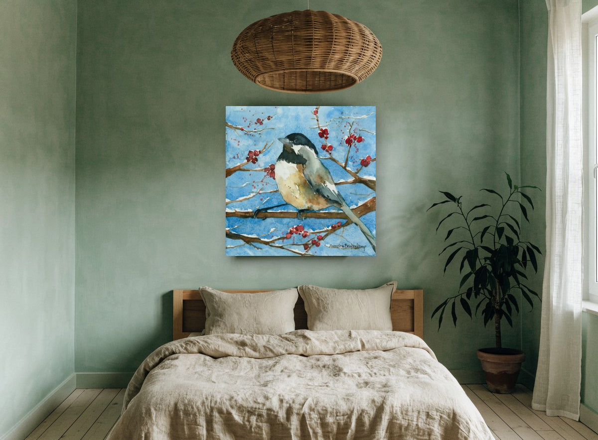 Chickadee on Snowy Branch animal canvas print on the wall of a bedroom