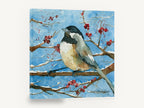 Chickadee on Snowy Branch, chickadee winter watercolour bird, animal canvas wall art print ready to hang