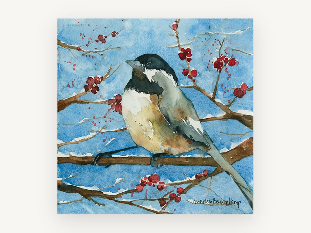 Chickadee on Snowy Branch, chickadee winter watercolour bird, animal canvas wall art print, front view