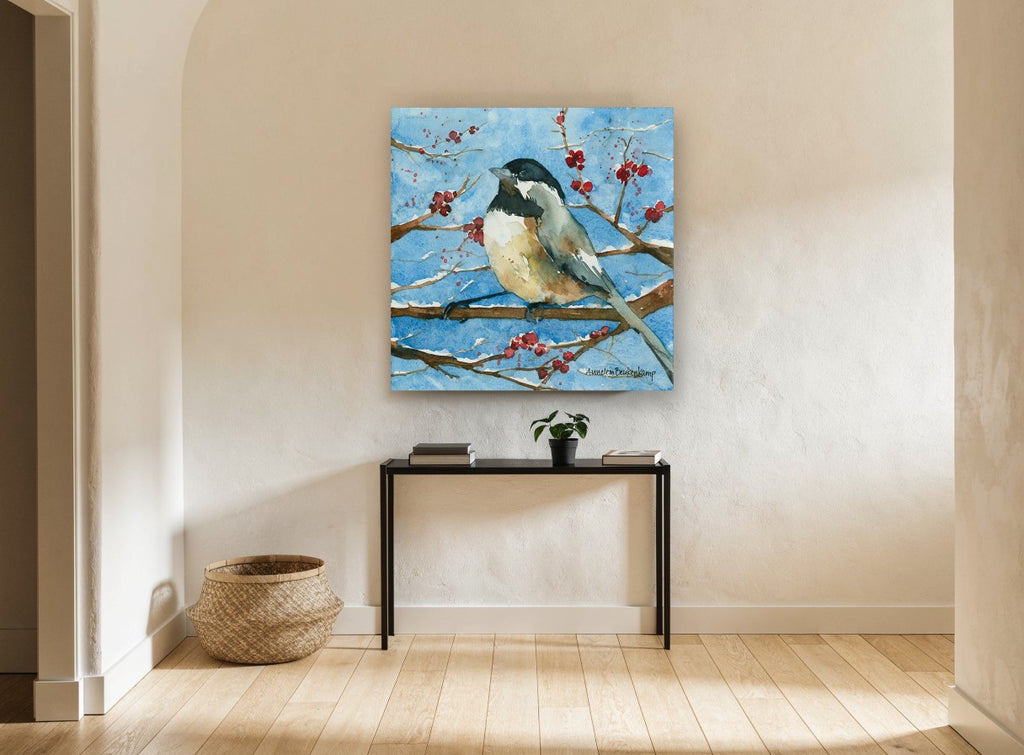 Chickadee on Snowy Branch animal canvas print on the wall of a hallway
