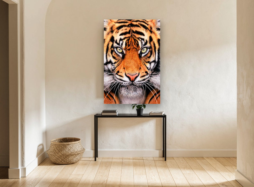 Tiger Gaze Close-Up animal canvas print on the wall of a hallway