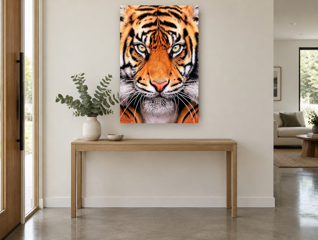 Tiger Gaze Close-Up animal canvas print on the wall of a entry hall