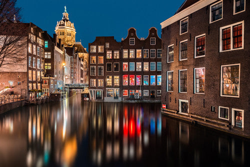 Amsterdam by Night, amsterdam canal houses at night fine art canvas print