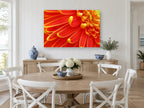Ember Gerbera Close-Up floral canvas print on the wall of a Hamptons dining room