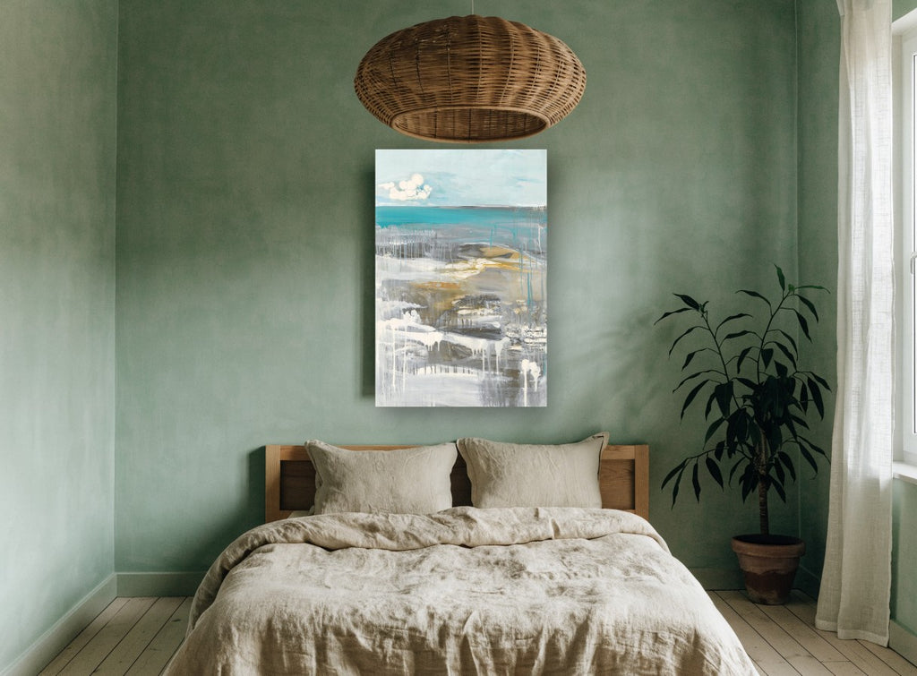 Dripping Teal Shoreline coastal canvas print on the wall of a bedroom