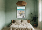 Dripping Teal Shoreline coastal canvas print on the wall of a bedroom