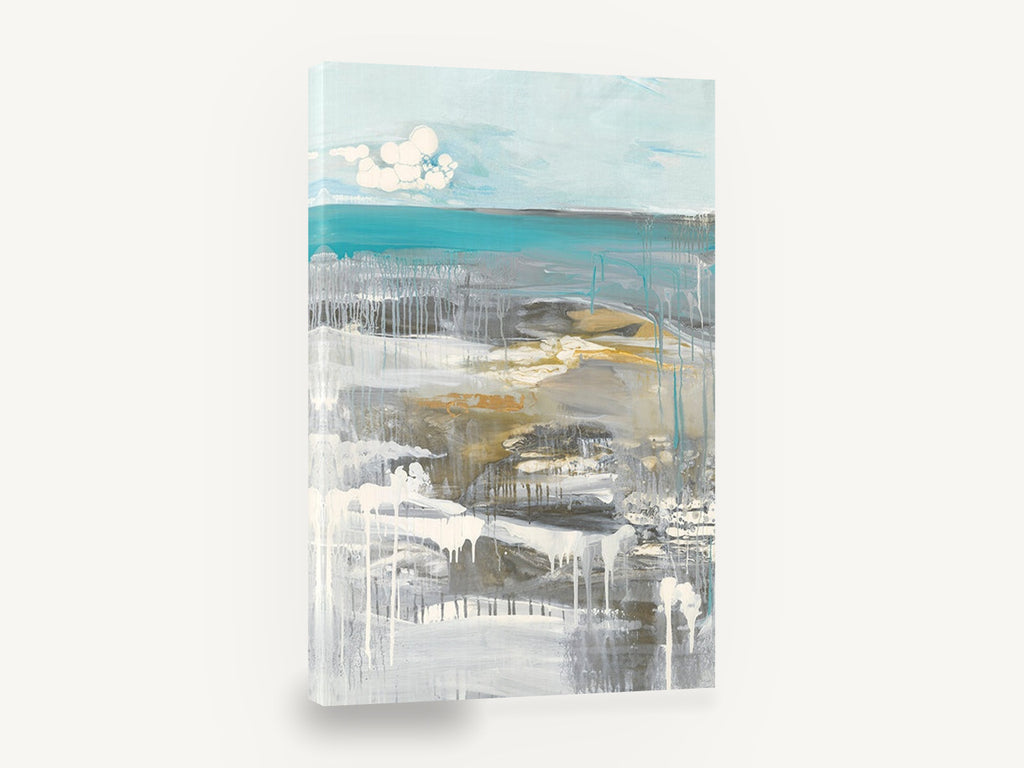 Dripping Teal Shoreline, teal ocean abstract seascape painting, coastal canvas wall art print ready to hang
