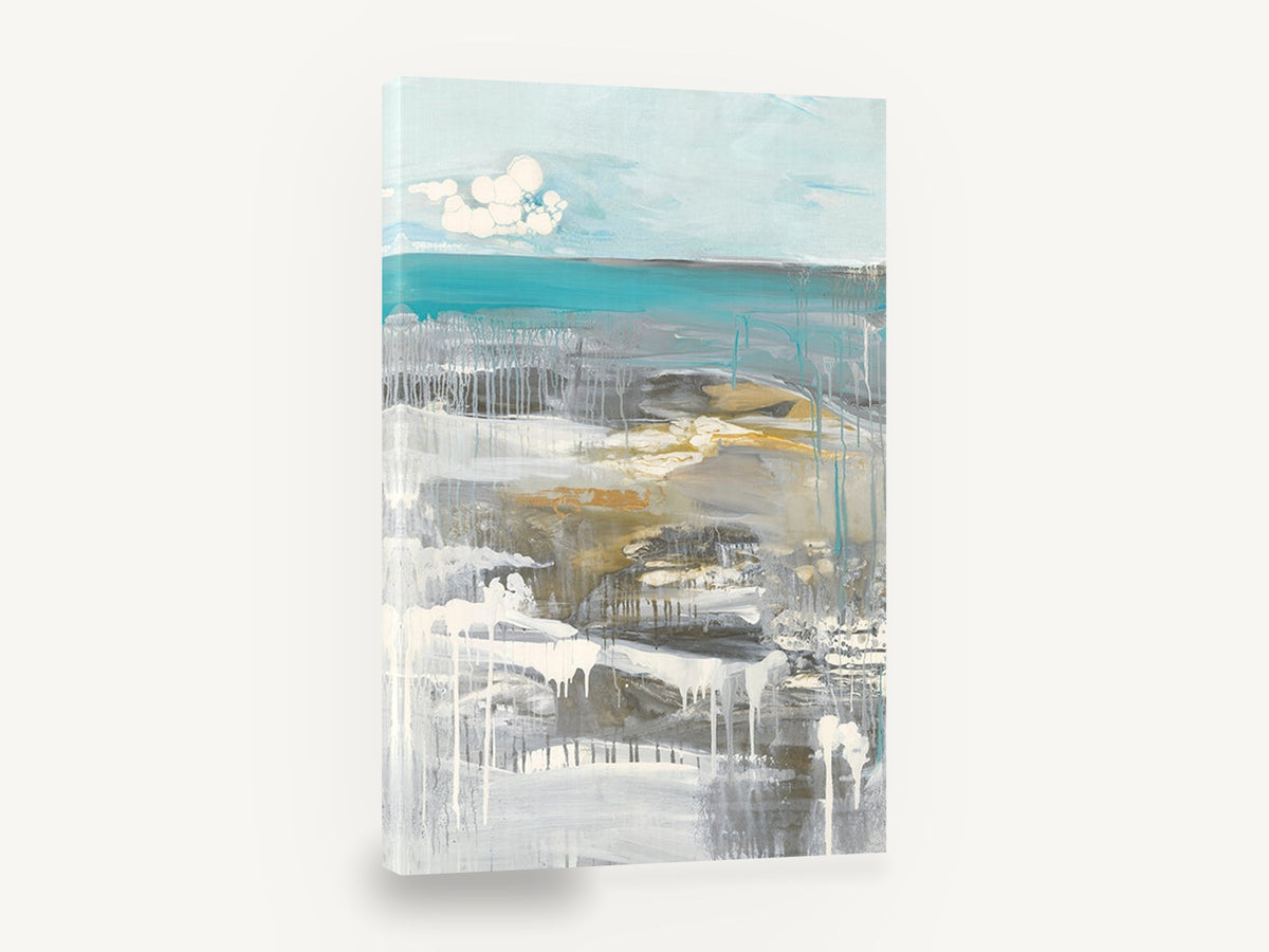 Dripping Teal Shoreline, teal ocean abstract seascape painting, coastal canvas wall art print ready to hang