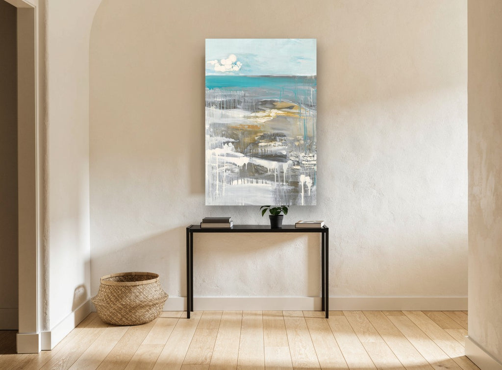 Dripping Teal Shoreline coastal canvas print on the wall of a hallway