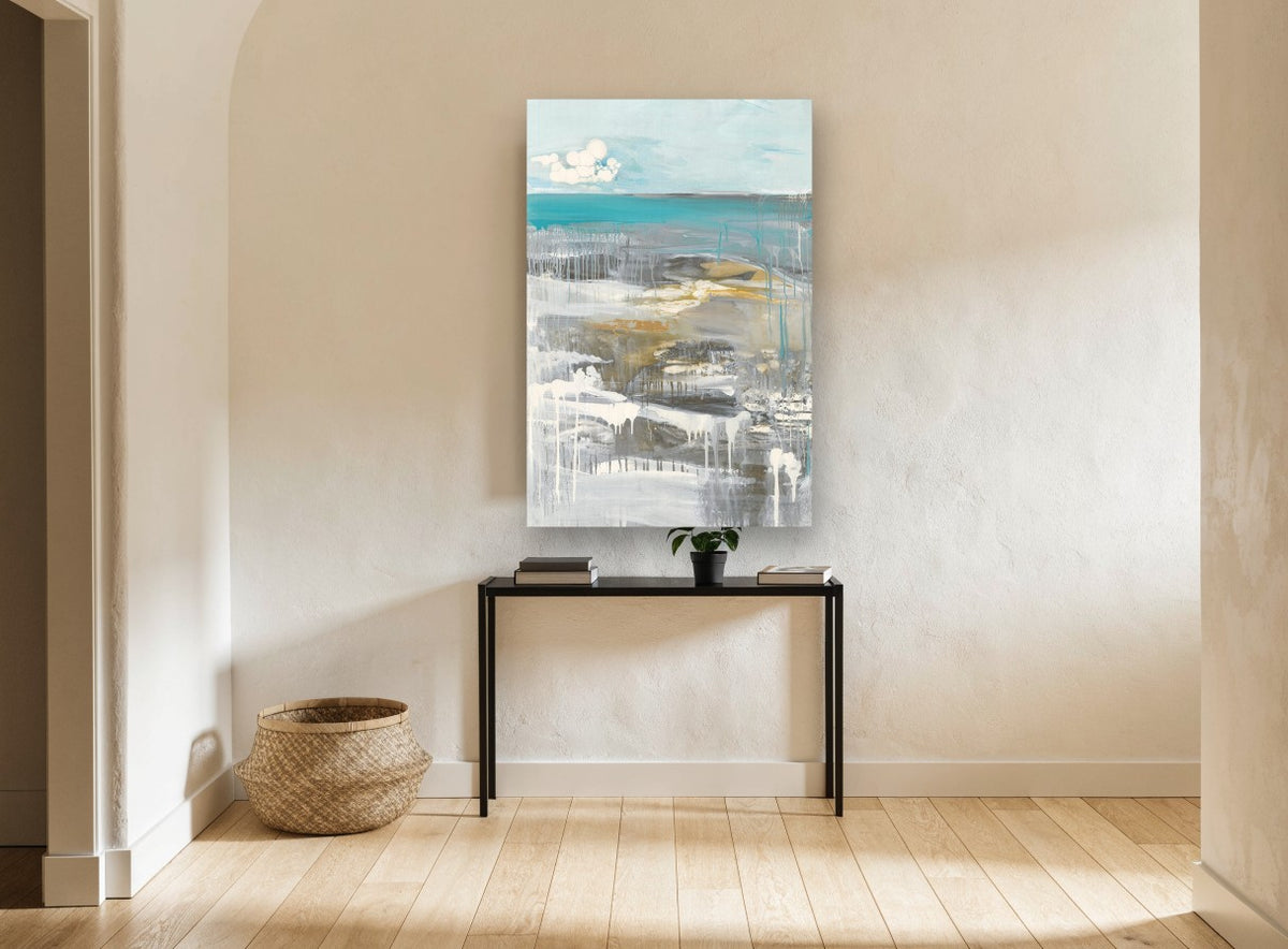 Dripping Teal Shoreline coastal canvas print on the wall of a hallway