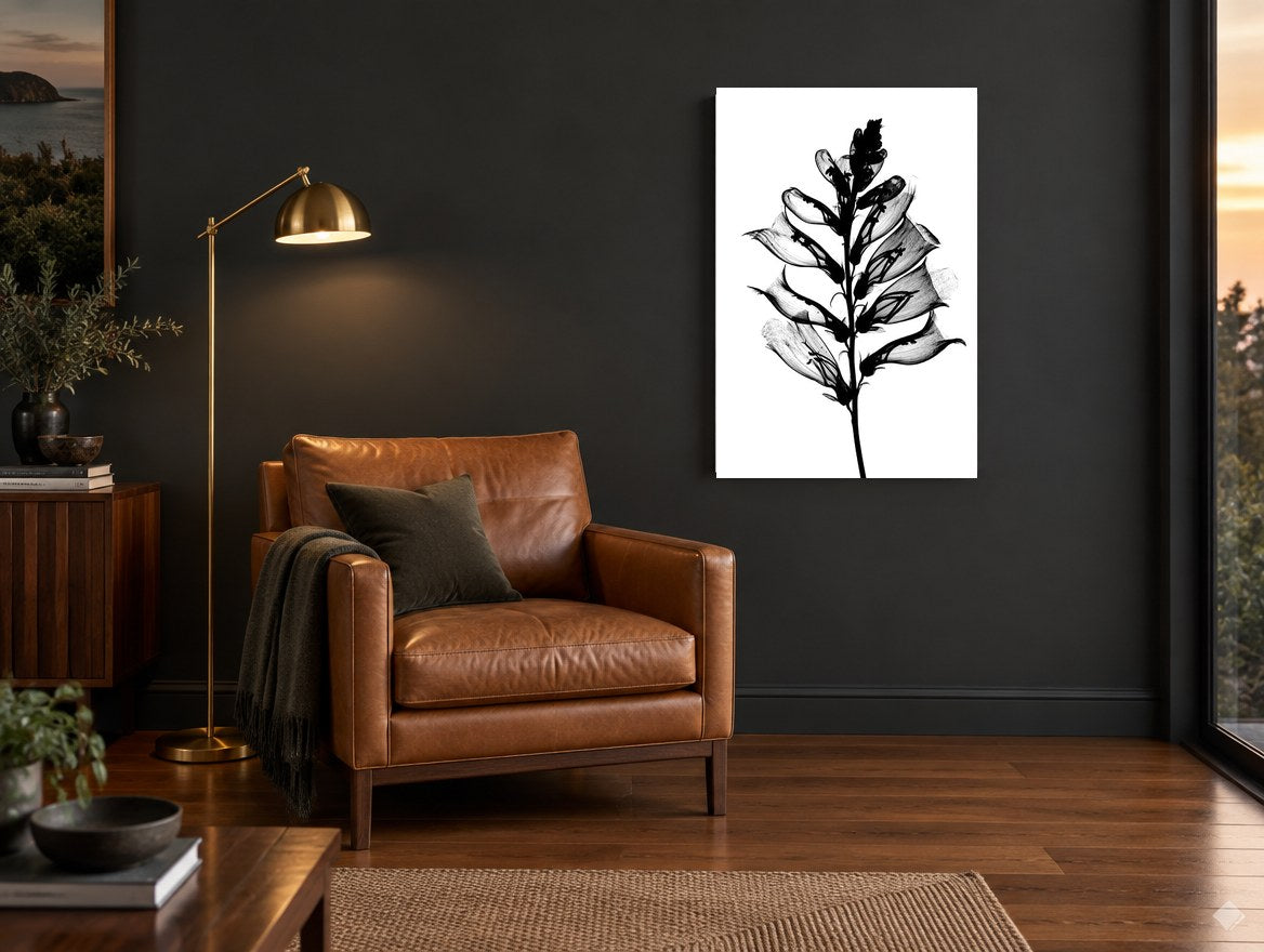 Foxglove Skeleton floral canvas print on the wall of a charcoal living room