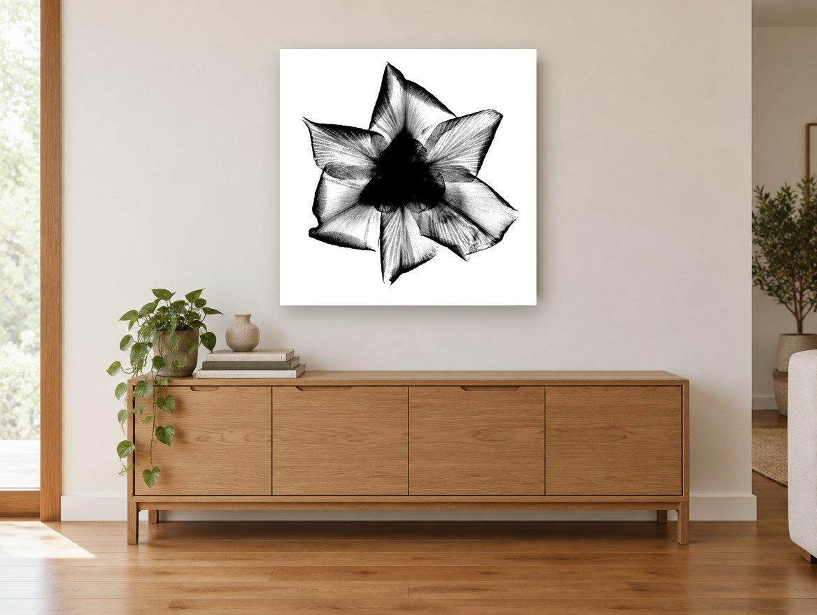 Iris X-Ray Bloom floral canvas print on the wall of a living room above a sideboard
