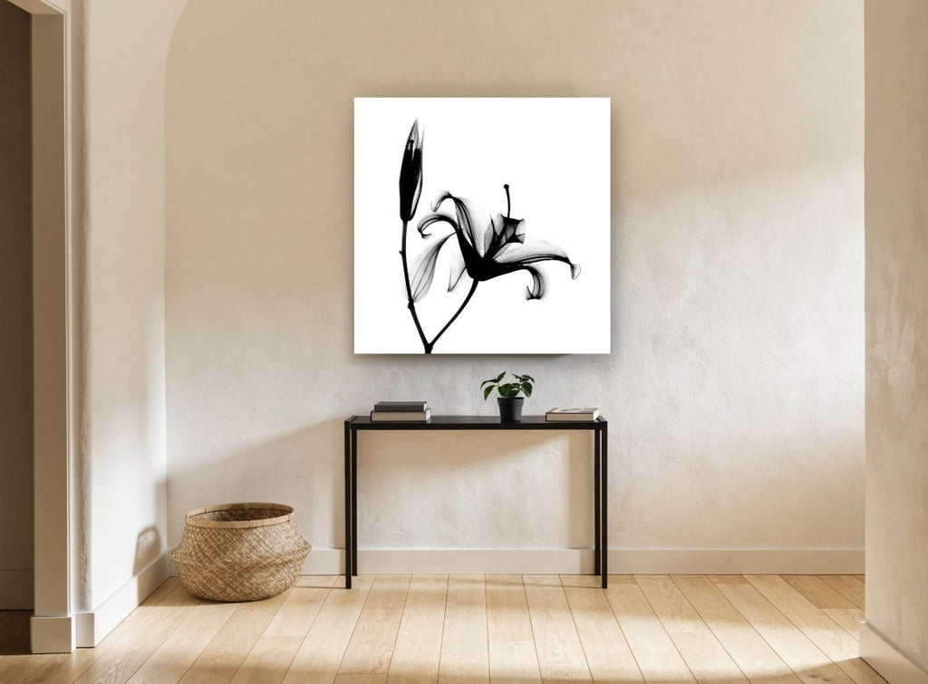 Lily in Silhouette floral canvas print on the wall of a hallway