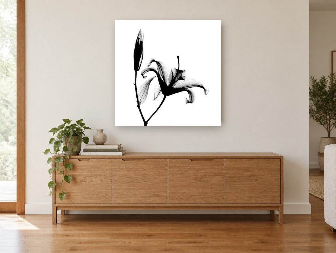 Lily in Silhouette floral canvas print on the wall of a living room above a sideboard