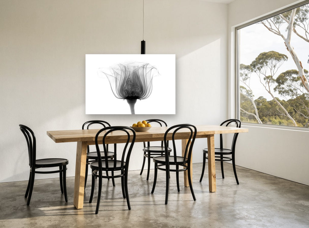 Rose in Silhouette floral canvas print on the wall of a dining room