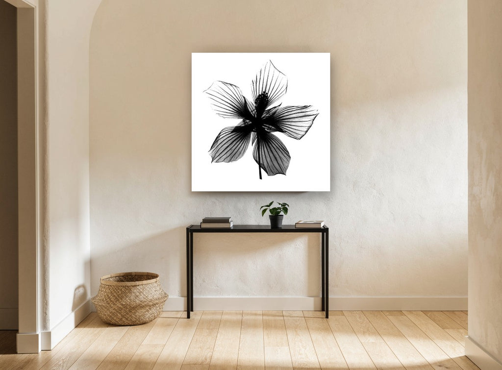 Hibiscus Star Silhouette floral canvas print on the wall of a hallway