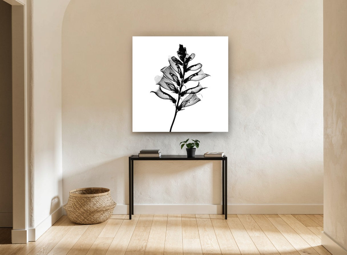 Foxglove Shadow Spire floral canvas print on the wall of a hallway