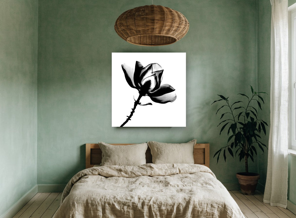 Magnolia in Silhouette floral canvas print on the wall of a bedroom
