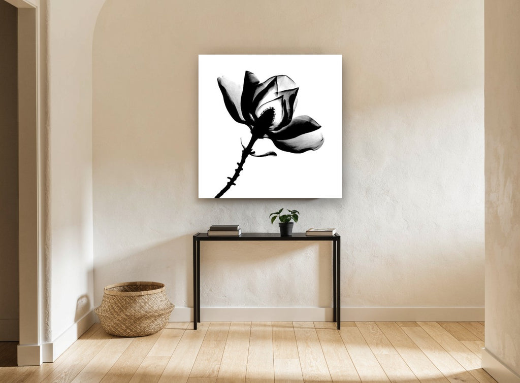 Magnolia in Silhouette floral canvas print on the wall of a hallway