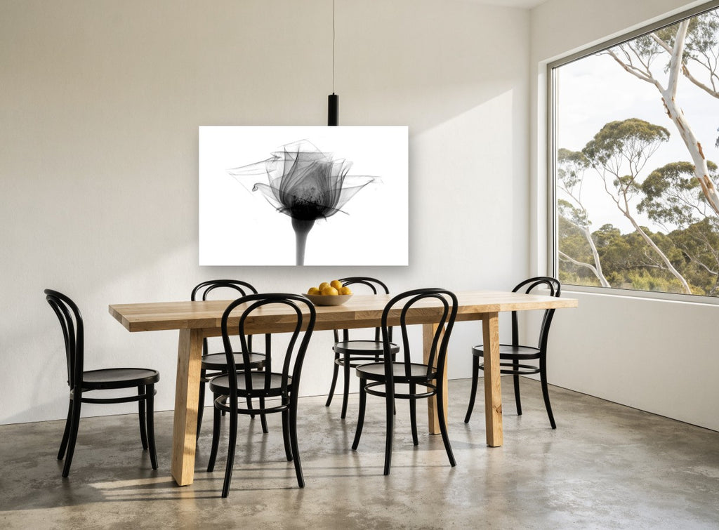 Rose in Translucence floral canvas print on the wall of a dining room