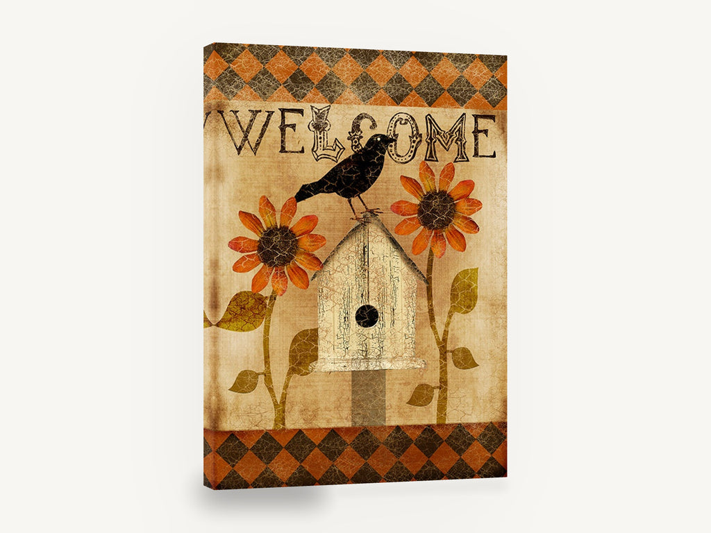 Welcome Crow and Sunflowers, crow birdhouse sunflowers welcome sign, floral canvas wall art print ready to hang