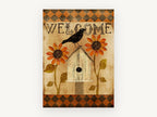 Welcome Crow and Sunflowers, floral canvas wall art print, front view